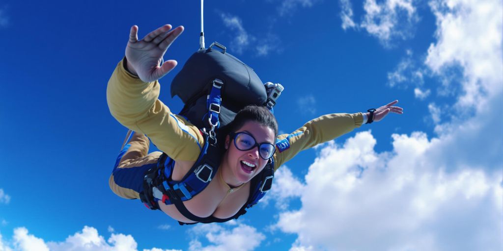 Skydiver im Freifall mit blauen Himmel und Wolken.